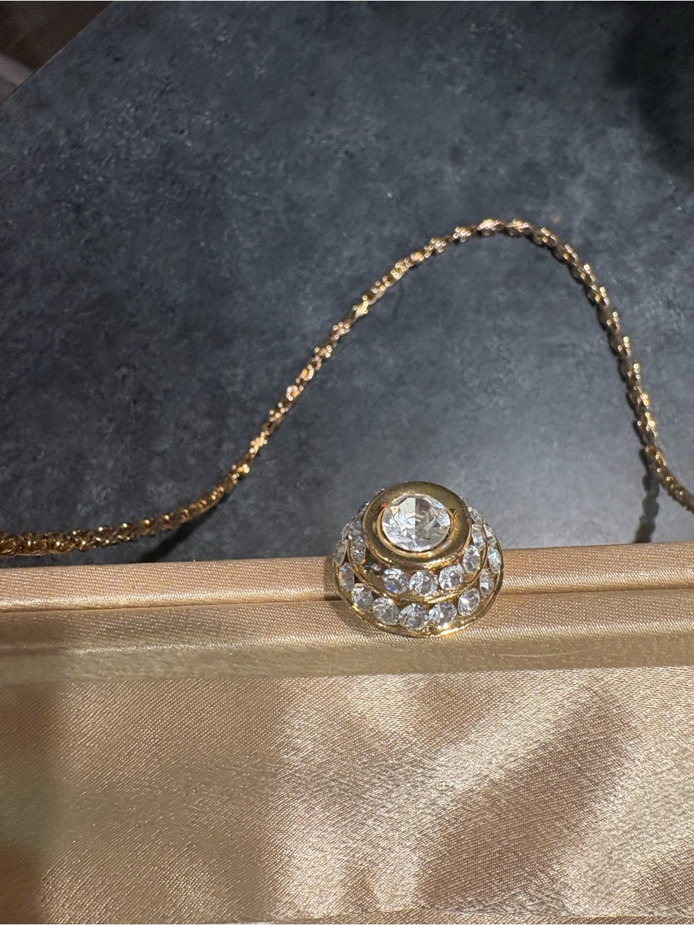 Vintage ELKA Gold Champagne Satin Rhinestone KISS Lock Chain Handle Party Purse